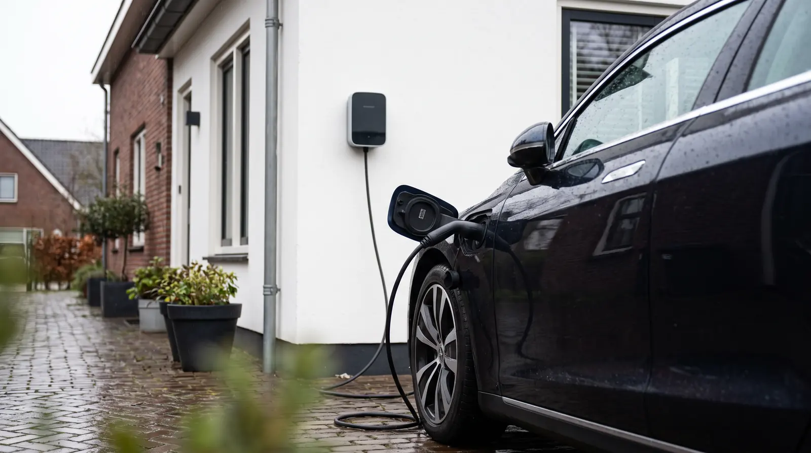 Elektrische auto aangesloten op een laadpaal aan de gevel van een woning